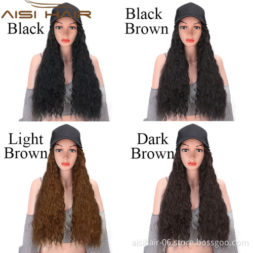 Aisi Hair Baseball Hat with Water Wave Hair Extensions Black Hat with Long Synthetic Hair Extensions for Girls Easy to Wear